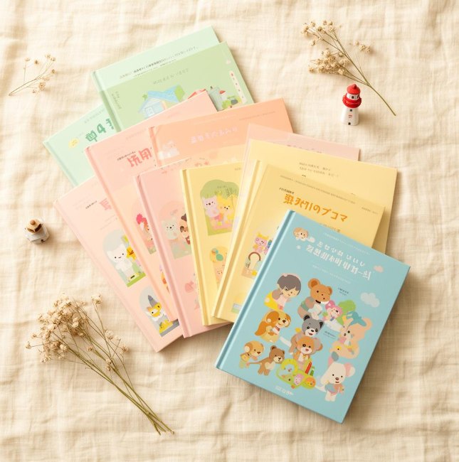 Libros infantiles de colores pastel sobre una manta de lino
